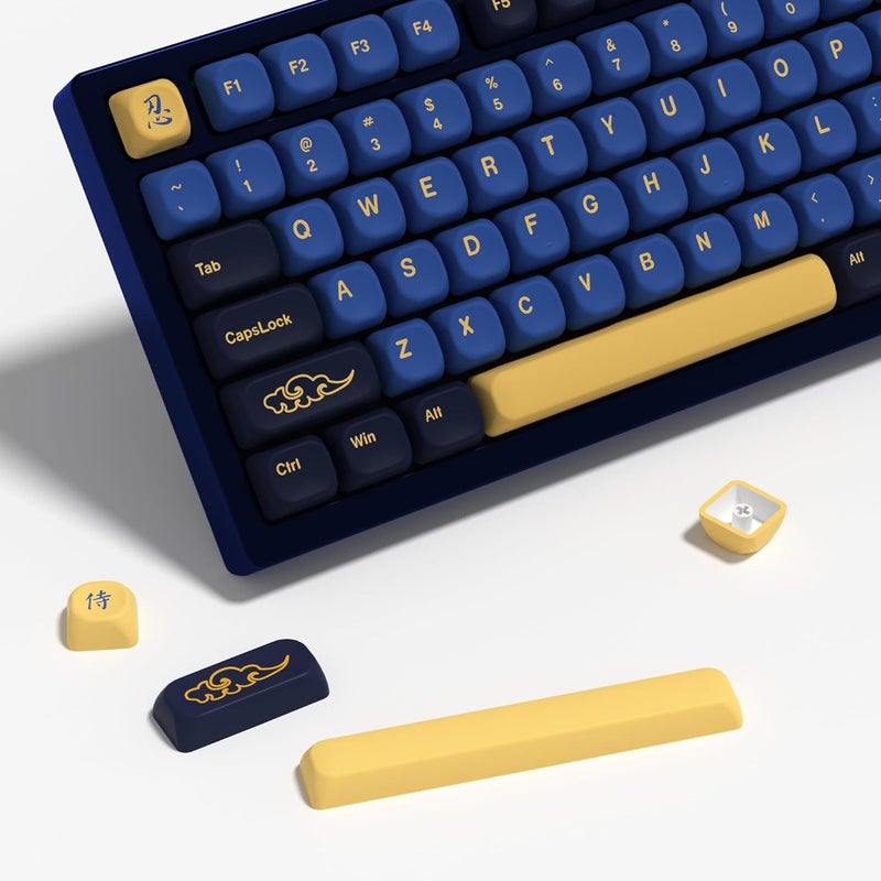 YMKPVR KBDiy Blue Samurai Keycaps 75 Percent KOA Profile,Five Sides Dye-Sublimation PBT Retro Custom Keyboard Keycap,131 Keys Cap Set for Cherry Gateron MX Switches Mechanical Keyboards - Image 1
